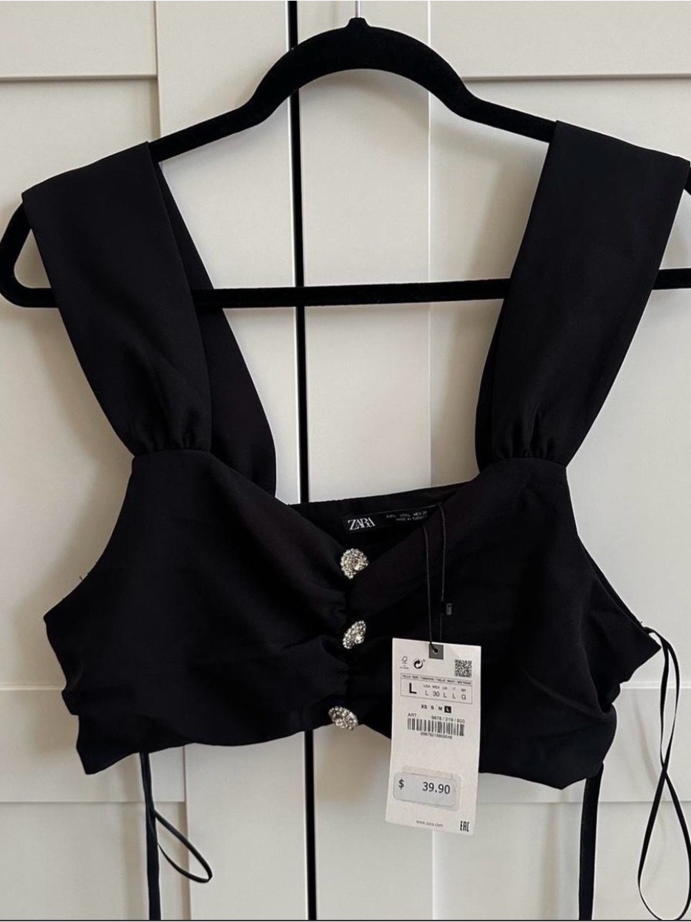 Zara Black Crop Top With Rhinestone - Size: L - New With Tags
